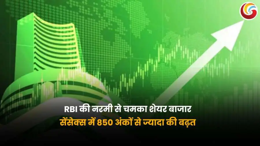 RBI Policy Impact: शेयर बाजार की तेजी दर्शाता हुआ हरे रंग का चार्ट और ऊपर जाती ग्रोथ लाइन.