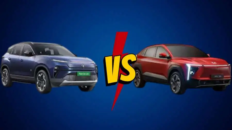 Tata Harrier EV vs Mahindra XEV 9e इलेक्ट्रिक SUVs की कीमत और बैटरी रेंज की तुलना करते हुए एक ग्राफ या टेबल.