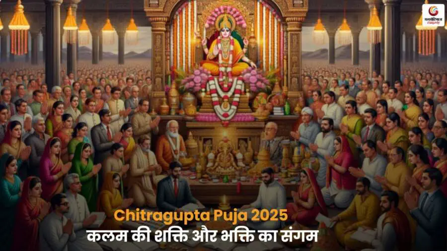 Chitragupta Puja 2025: शब्द और कलम की शक्ति का प्रतीक पूजा दृश्य.