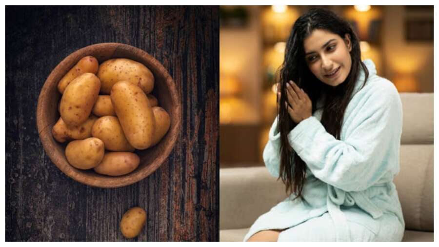आलू के रस से बना हेयर मास्क लगाने वाली महिला, जो बालों को मजबूत और शाइनी बनाने में मदद करता है।