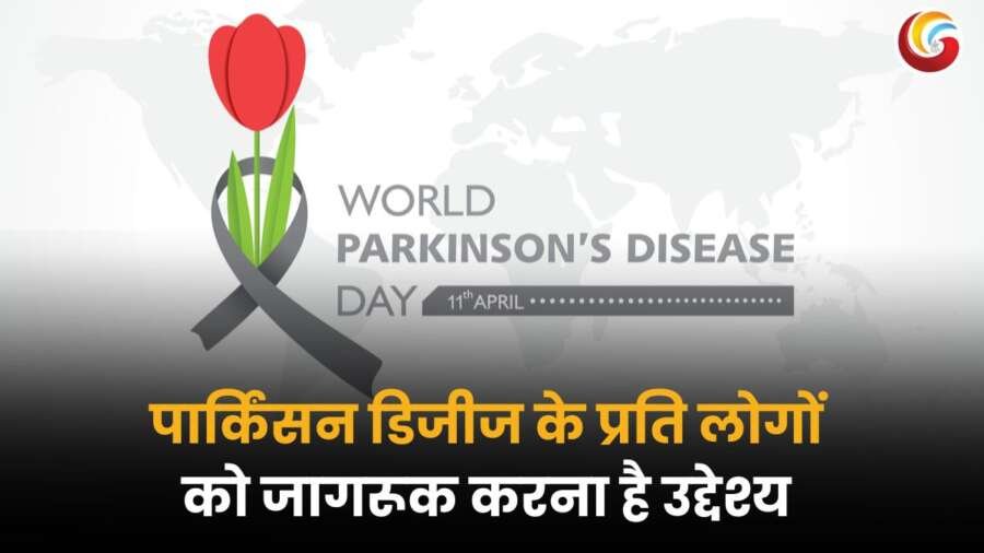 World Parkinson’s Day 2025 पर जागरूकता बढ़ाने के लिए रिबन पकड़े हुए लोग, पार्किंसंस रोग के लक्षण और उपचार को दर्शाने वाला इन्फोग्राफिक.