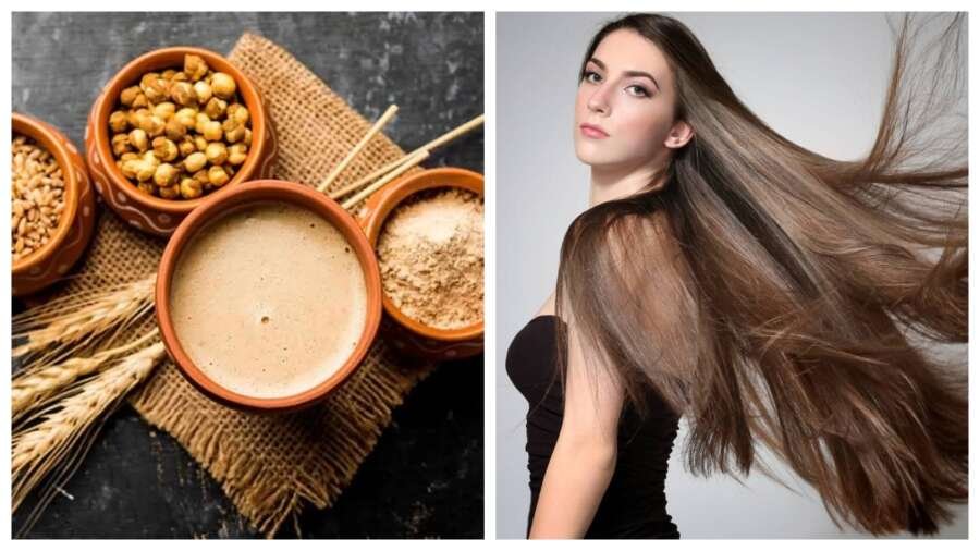 सत्तू पाउडर और सत्तू शरबत, जो बालों की ग्रोथ बढ़ाने और उन्हें मजबूत बनाने में मदद करता है।