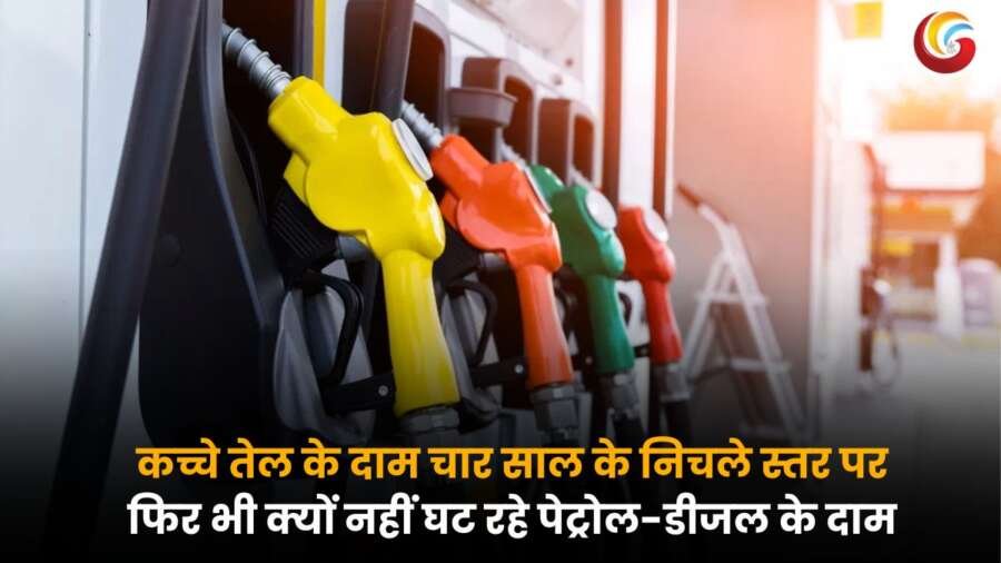 पेट्रोल पंप पर रंग-बिरंगे फ्यूल नोजल और कच्चे तेल की गिरती कीमतों के बावजूद पेट्रोल-डीजल के ऊंचे दाम पर सवाल उठाता हेडलाइन.