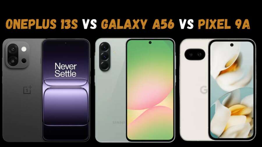 OnePlus 13s, Samsung Galaxy A56 और Google Pixel 9a: स्मार्टफोन की तुलना करते हुए एक ग्राफिक, जिसमें उनके प्रमुख फीचर्स जैसे डिस्प्ले, कैमरा और परफॉर्मेंस हाइलाइट किए गए हैं.