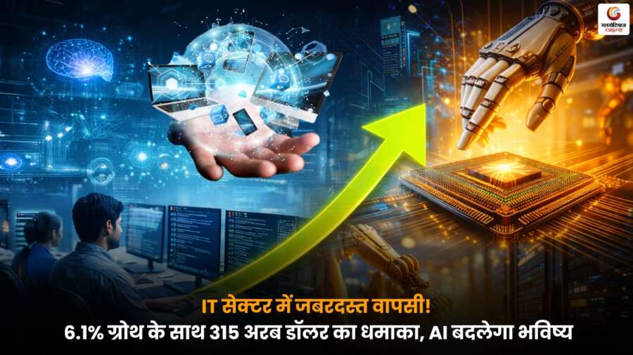 IT Sector की तेज़ वृद्धि को दर्शाता ग्राफ, जिसमें 6.1% ग्रोथ, बढ़ता कारोबार, रोजगार अवसर और AI आधारित भविष्य की झलक दिखाई गई है.