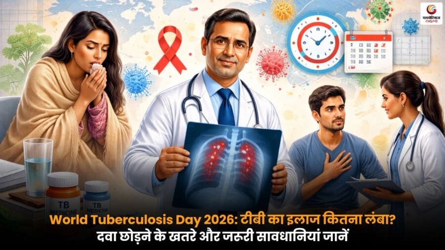 World Tuberculosis Day 2026 पर टीबी से पीड़ित मरीज दवा लेते हुए, साथ में जागरूकता संदेश - इलाज पूरा करना क्यों जरूरी है, दवा छोड़ने के जोखिम और बचाव के उपायों को दर्शाती हुई तस्वीर.