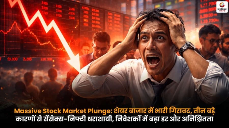 Massive Stock Market Plunge के दौरान गिरते हुए सेंसेक्स और निफ्टी के ग्राफ, निवेशकों में घबराहट और बाजार में अनिश्चितता का माहौल.