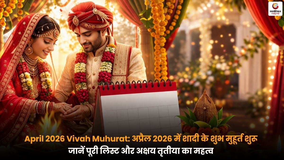April 2026 Vivah Muhurat में अप्रैल महीने के सभी शुभ विवाह मुहूर्त और अक्षय तृतीया का महत्व दर्शाता चित्र.