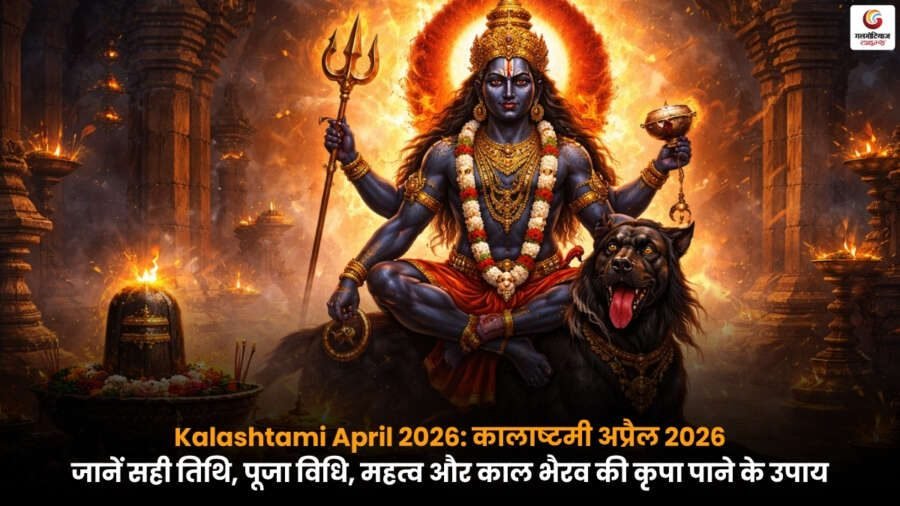 Kalashtami April 2026 पर काल भैरव पूजा, सही तिथि, विधि और महत्व को दर्शाता धार्मिक दृश्य.