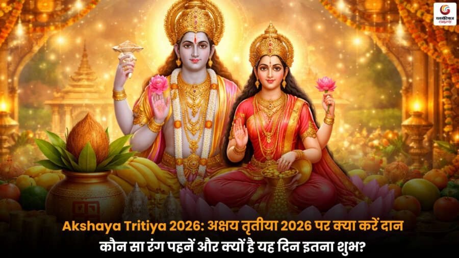 Akshaya Tritiya 2026 के अवसर पर पूजा, दान और शुभ कार्य करते लोग, पारंपरिक परिधान में महिलाएं, पीले और लाल रंग के कपड़ों का महत्व दर्शाता दृश्य.