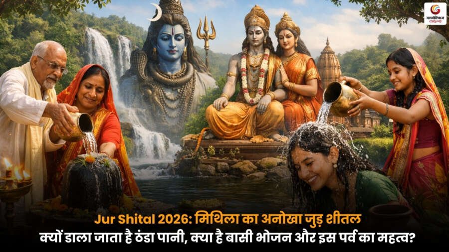 Jur Shital 2026 में लोग एक-दूसरे पर ठंडा पानी डालते हुए और पारंपरिक बासी भोजन का आनंद लेते हुए, मिथिला की अनोखी परंपरा.