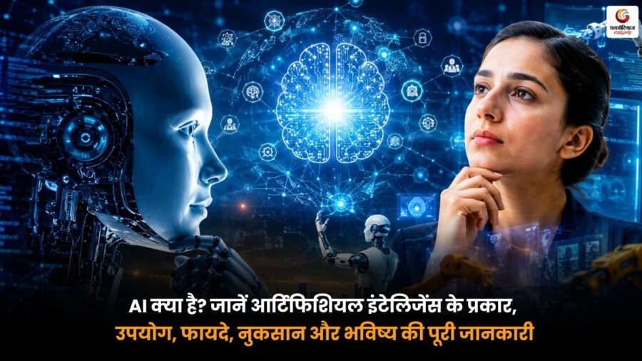 Artificial Intelligence AI क्या है. AI के प्रकार, उपयोग, फायदे, नुकसान और भविष्य की जानकारी दर्शाता हुआ चित्र.