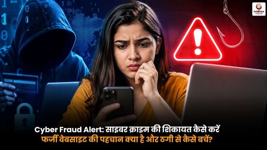 Cyber Fraud Alert showing how to report cyber crime, identify fake websites and stay safe from online fraud in Hindi.