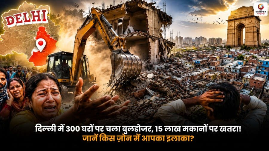 Delhi Bulldozer Action in Guru Delhi showing bulldozer drive on 300 houses with 15 lakh homes under potential risk across different zones