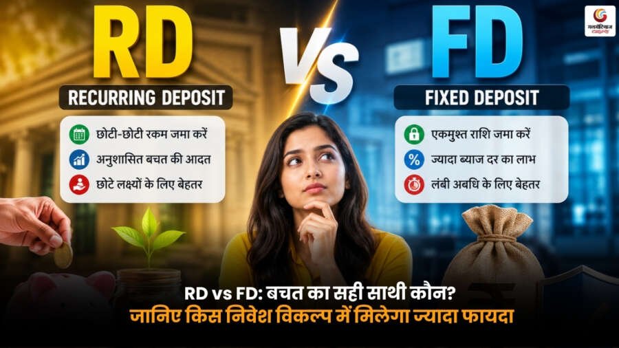 FD vs RD तुलना. फिक्स्ड डिपॉजिट और रिकरिंग डिपॉजिट में अंतर. ज्यादा ब्याज, सुरक्षित निवेश और बेहतर रिटर्न वाला विकल्प.