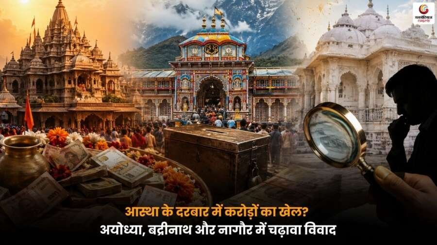 अयोध्या, बद्रीनाथ और नागौर मंदिरों में चढ़ावा विवाद और कथित वित्तीय अनियमितताओं को दर्शाता सांकेतिक दृश्य