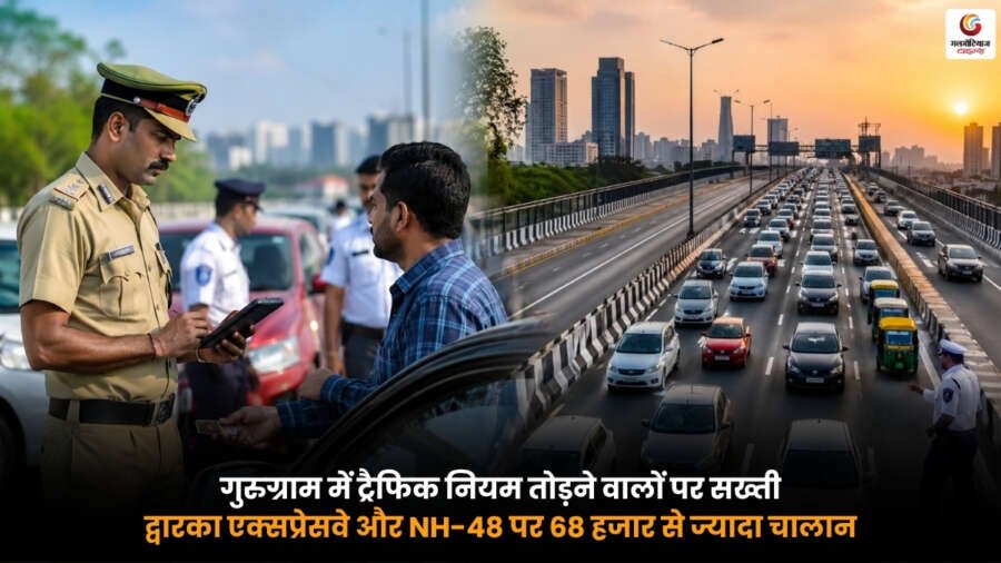 Gurugram Traffic Challan अभियान के दौरान द्वारका एक्सप्रेसवे और NH-48 पर ट्रैफिक पुलिस द्वारा नियम तोड़ने वाले वाहनों की जांच और चालान की कार्रवाई.