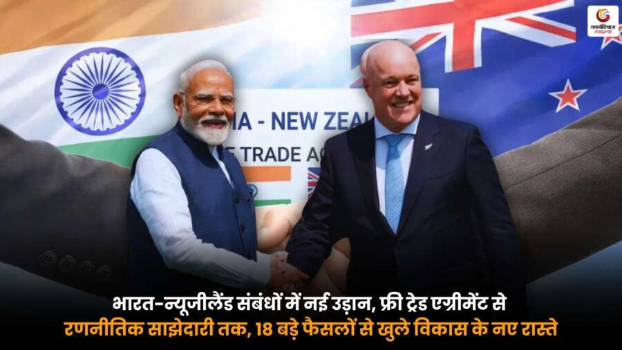 India New Zealand Relations के तहत भारत और न्यूजीलैंड के बीच फ्री ट्रेड एग्रीमेंट. रणनीतिक साझेदारी और 18 बड़े फैसलों का प्रतीकात्मक दृश्य.
