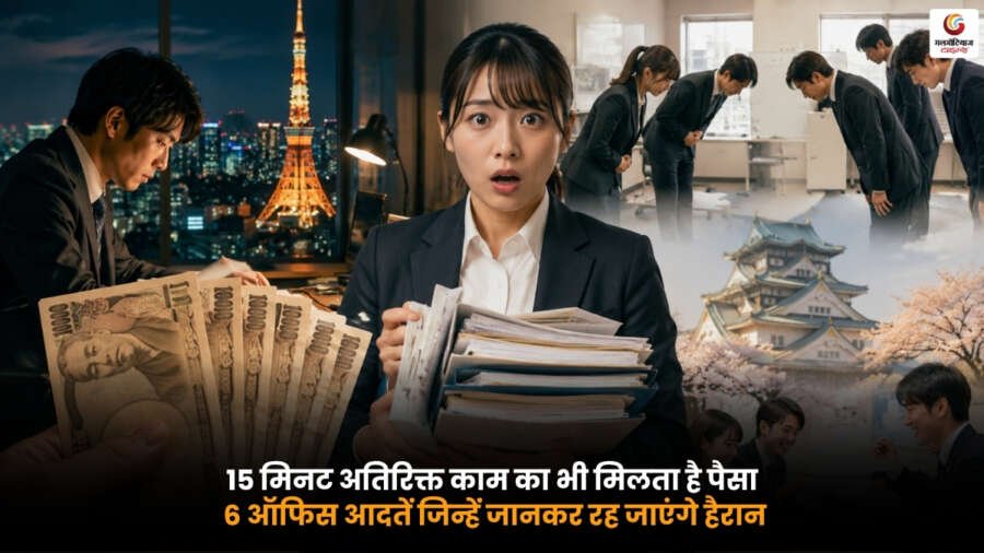 Office Habits में 15 मिनट अतिरिक्त काम का भुगतान और 6 अनोखी ऑफिस आदतें दिखाता हुआ प्रतीकात्मक दृश्य