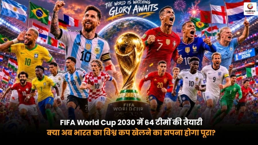 World Cup 2030 में 64 टीमों की तैयारी. भारत के FIFA World Cup 2030 खेलने की बढ़ती उम्मीद को दर्शाता फुटबॉल स्टेडियम और भारतीय टीम का प्रतीकात्मक दृश्य.